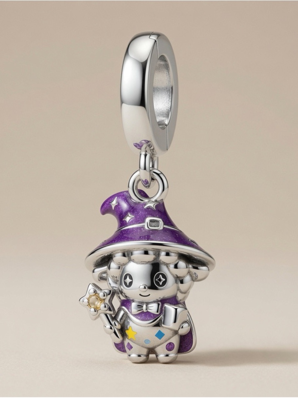 Sterling Silver Wizard Charm with Purple Enamel Hat compatible with Pandora brac